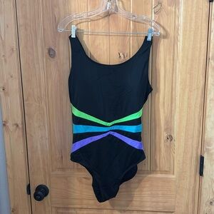 NWT Swimsuits For All Size 18 One-Piece‎ Black with Purple/Green Stripes